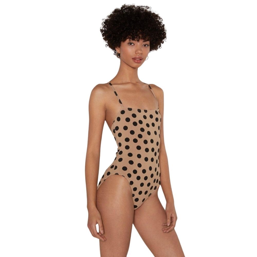 Nasty Gal Ribbed Knit Polkadot Square Neck Thin Stap Bodysuit Size US 10